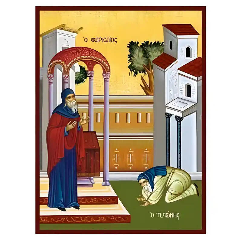 Σετ των 2 Εικόνα Ορθοδοξίας με περίγραμμα χρυσό σε ξύλο Φλαμουρίας  με  βάση Εικόνα Παραβολή του Τελώνη και του Φαρισαίου Χειροποίητη Ελληνορθόδοξη , Κρεμαστή πλάκα βυζαντινής τέχνης, χριστιανική τέχνη Διάσταση 10x7 cm (3,9 x 2,8 ίντσες) INTRAEK-670960