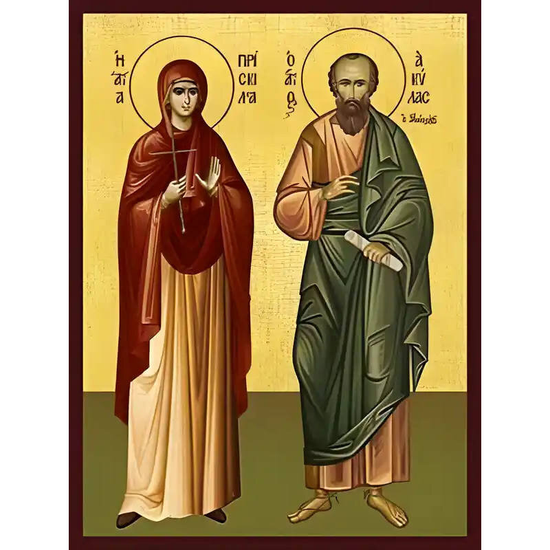 Εικόνα Ορθοδοξίας με περίγραμμα χρυσό σε ξύλο Φλαμουρίας  με  βάση Εικόνα ΑΓΙΟΙ ΑΠΟΣΤΟΛΟΙ ΑΚΥΛΑΣ ΚΑΙ ΠΡΙΣΚΙΛΛΑ Χειροποίητη Ελληνορθόδοξη εικόνα του Ιησού Χριστού, Κρεμαστή πλάκα βυζαντινής τέχνης, χριστιανική τέχνη Διάσταση 40x30 cm (10,2x7,9 ίντσες)  INT