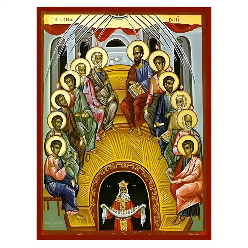 Σετ των 2 Εικόνα Ορθοδοξίας με περίγραμμα χρυσό σε ξύλο Φλαμουρίας  με  βάση Εικόνα Πεντηκοστή Χειροποίητη Ελληνορθόδοξη , Κρεμαστή πλάκα βυζαντινής τέχνης, χριστιανική τέχνη Διάσταση 10x7 cm (3,9 x 2,8 ίντσες) INTRAEK-670956