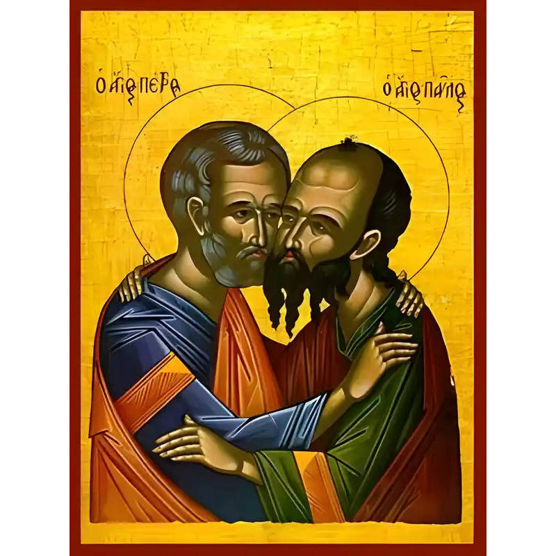 Εικόνα Ορθοδοξίας με περίγραμμα χρυσό σε ξύλο Φλαμουρίας  με  βάση Εικόνα ΑΓΙΟΙ ΑΠΟΣΤΟΛΟΙ ΠΕΤΡΟΣ ΚΑΙ ΠΑΥΛΟΣ, Ο ΑΣΠΑΣΜΟΣ Χειροποίητη Ελληνορθόδοξη εικόνα του Ιησού Χριστού, Κρεμαστή πλάκα βυζαντινής τέχνης, χριστιανική τέχνη Διάσταση 40x30 cm (10,2x7,9 ίντ
