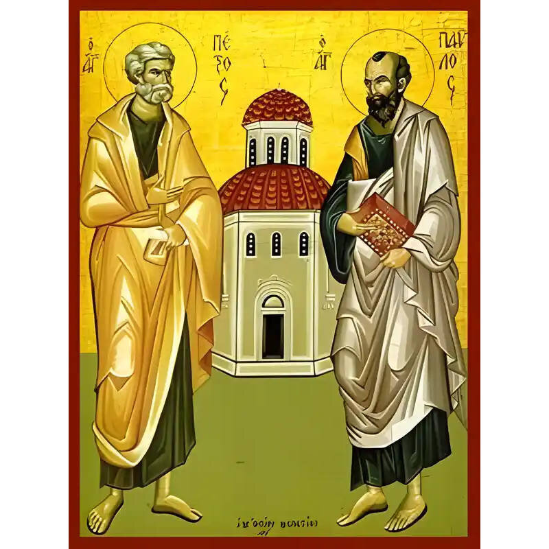 Εικόνα Ορθοδοξίας με περίγραμμα χρυσό σε ξύλο Φλαμουρίας  με  βάση Εικόνα ΑΓΙΟΙ ΑΠΟΣΤΟΛΟΙ ΠΕΤΡΟΣ ΚΑΙ ΠΑΥΛΟΣ, ΟΛΟΣΩΜΟΙ Χειροποίητη Ελληνορθόδοξη εικόνα του Ιησού Χριστού, Κρεμαστή πλάκα βυζαντινής τέχνης, χριστιανική τέχνη Διάσταση 40x30 cm (10,2x7,9 ίντσε