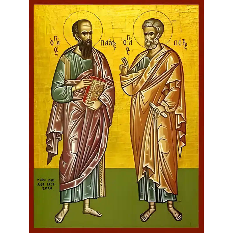 Εικόνα Ορθοδοξίας με περίγραμμα χρυσό σε ξύλο Φλαμουρίας  με  βάση Εικόνα ΑΓΙΟΙ ΑΠΟΣΤΟΛΟΙ ΠΕΤΡΟΣ ΚΑΙ ΠΑΥΛΟΣ, ΟΛΟΣΩΜΟΙ Χειροποίητη Ελληνορθόδοξη εικόνα του Ιησού Χριστού, Κρεμαστή πλάκα βυζαντινής τέχνης, χριστιανική τέχνη Διάσταση 40x30 cm (10,2x7,9 ίντσε