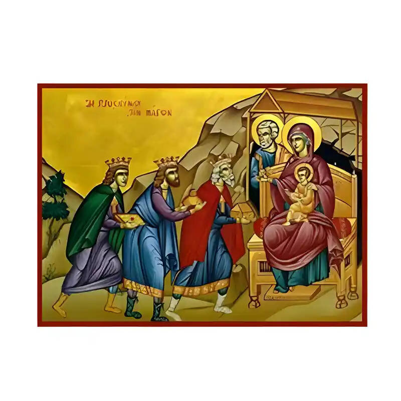 Σετ των 2 Εικόνα Ορθοδοξίας με περίγραμμα χρυσό σε ξύλο Φλαμουρίας  με  βάση Εικόνα Προσκύνηση των Μάγων Χειροποίητη Ελληνορθόδοξη , Κρεμαστή πλάκα βυζαντινής τέχνης, χριστιανική τέχνη Διάσταση 10x7 cm (3,9 x 2,8 ίντσες) INTRAEK-670950