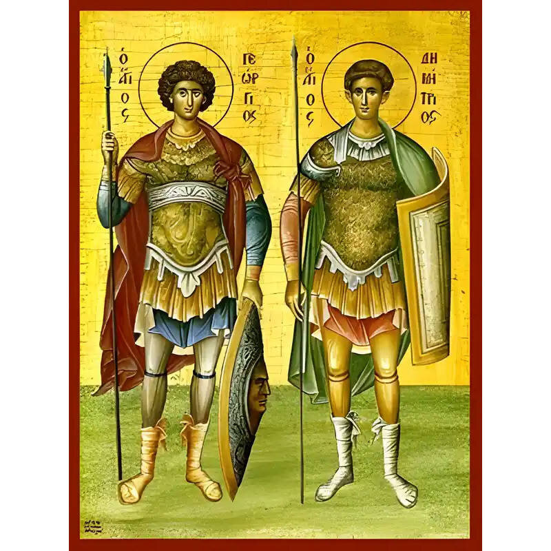 Εικόνα Ορθοδοξίας με περίγραμμα χρυσό σε ξύλο Φλαμουρίας  με  βάση Εικόνα ΑΓΙΟΙ ΓΕΩΡΓΙΟΣ ΚΑΙ ΔΗΜΗΤΡΙΟΣ, ΟΛΟΣΩΜΟΙ Χειροποίητη Ελληνορθόδοξη εικόνα του Ιησού Χριστού, Κρεμαστή πλάκα βυζαντινής τέχνης, χριστιανική τέχνη Διάσταση 40x30 cm (10,2x7,9 ίντσες)  I