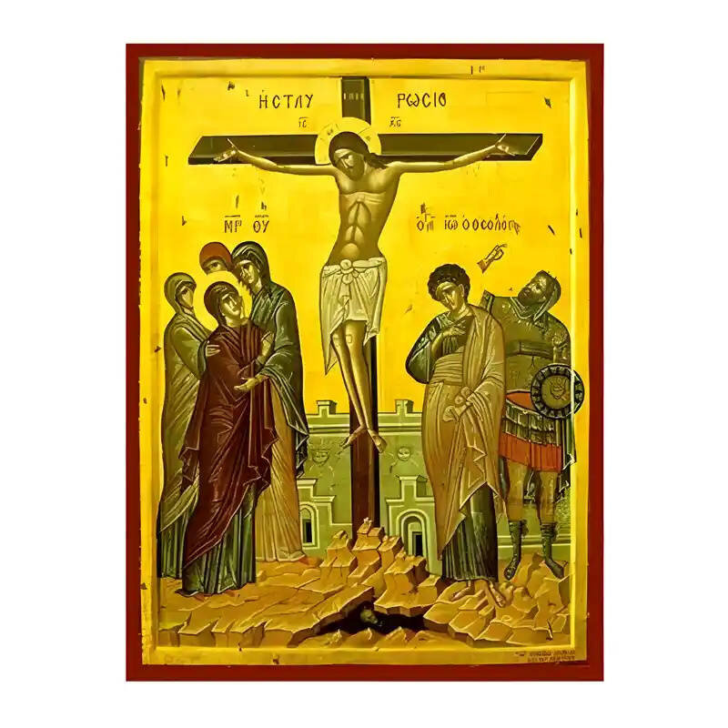 Σετ των 2 Εικόνα Ορθοδοξίας με περίγραμμα χρυσό σε ξύλο Φλαμουρίας  με  βάση Εικόνα Σταύρωση του Χριστού Χειροποίητη Ελληνορθόδοξη , Κρεμαστή πλάκα βυζαντινής τέχνης, χριστιανική τέχνη Διάσταση 10x7 cm (3,9 x 2,8 ίντσες) INTRAEK-670948