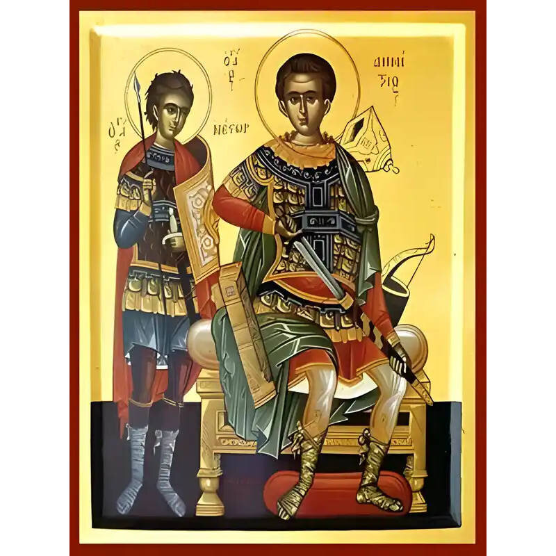 Εικόνα Ορθοδοξίας με περίγραμμα χρυσό σε ξύλο Φλαμουρίας  με  βάση Εικόνα ΑΓΙΟΙ ΔΗΜΗΤΡΙΟΣ Ο ΜΥΡΟΒΛΥΤΗΣ ΕΝΘΡΟΝΟΣ ΚΑΙ ΝΕΣΤΩΡ Χειροποίητη Ελληνορθόδοξη εικόνα του Ιησού Χριστού, Κρεμαστή πλάκα βυζαντινής τέχνης, χριστιανική τέχνη Διάσταση 40x30 cm (10,2x7,9