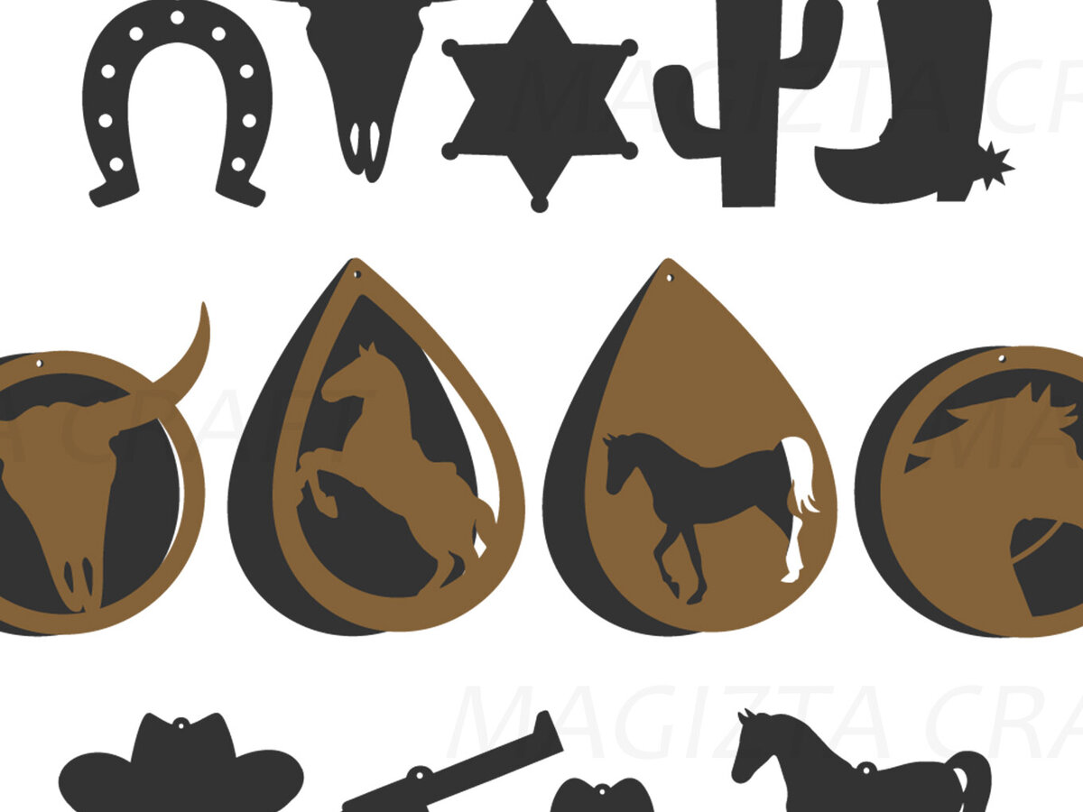 Σετ των 3 Intra απο ξύλο plywood 3mm-4mm πάχος - Σκουλαρίκια Laser Cut Western Cowboy  Δίασταση 3x3 cm INTRAFABR-90243086