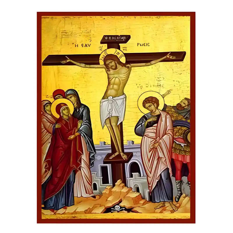 Σετ των 2 Εικόνα Ορθοδοξίας με περίγραμμα χρυσό σε ξύλο Φλαμουρίας  με  βάση Εικόνα Σταύρωση του Χριστού Χειροποίητη Ελληνορθόδοξη , Κρεμαστή πλάκα βυζαντινής τέχνης, χριστιανική τέχνη Διάσταση 10x7 cm (3,9 x 2,8 ίντσες) INTRAEK-670793
