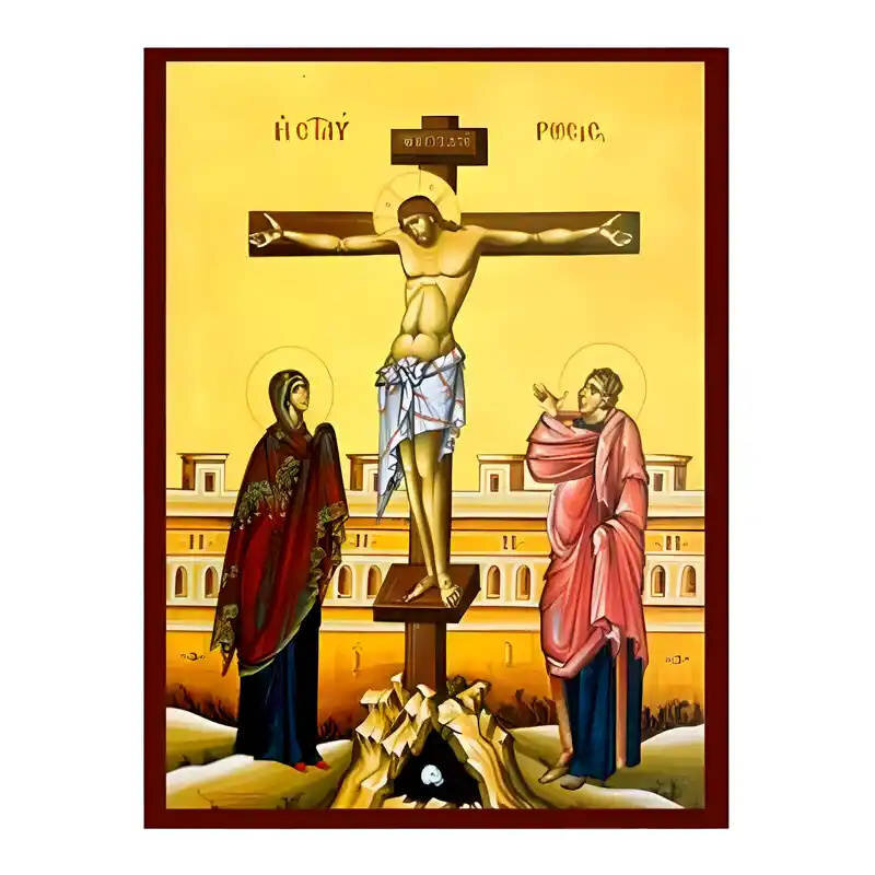 Σετ των 2 Εικόνα Ορθοδοξίας με περίγραμμα χρυσό σε ξύλο Φλαμουρίας  με  βάση Εικόνα Σταύρωση του Χριστού Χειροποίητη Ελληνορθόδοξη , Κρεμαστή πλάκα βυζαντινής τέχνης, χριστιανική τέχνη Διάσταση 10x7 cm (3,9 x 2,8 ίντσες) INTRAEK-670790