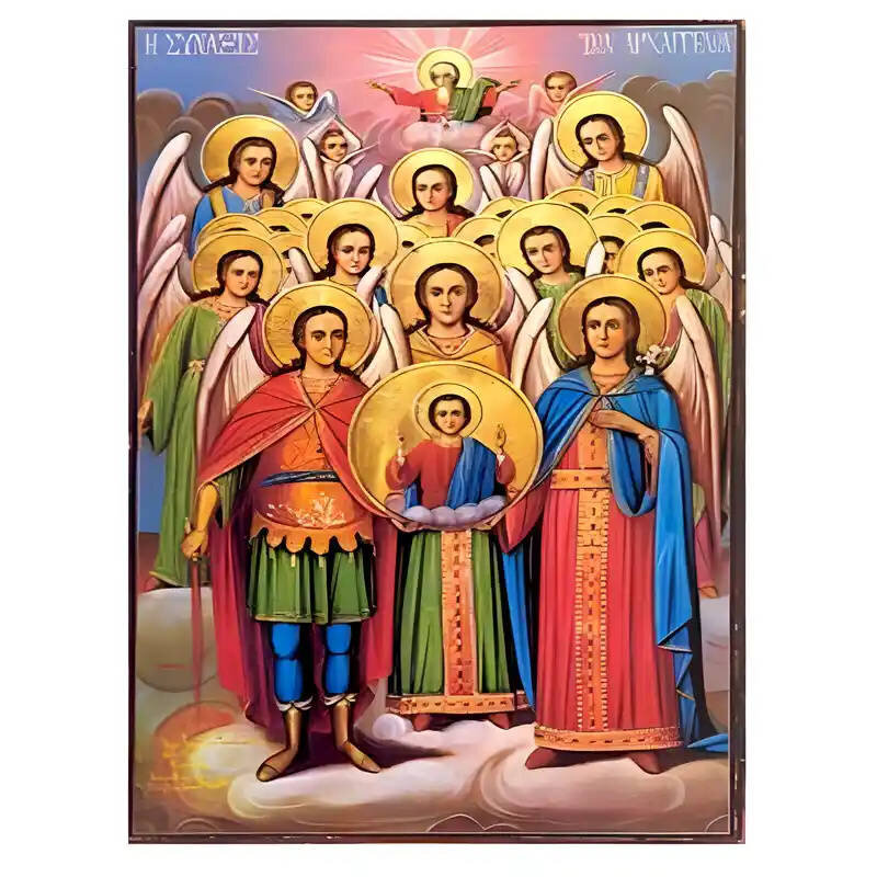 Σετ των 2 Εικόνα Ορθοδοξίας με περίγραμμα χρυσό σε ξύλο Φλαμουρίας  με  βάση Εικόνα Σύναξη  Αρχαγγέλων Χειροποίητη Ελληνορθόδοξη , Κρεμαστή πλάκα βυζαντινής τέχνης, χριστιανική τέχνη Διάσταση 10x7 cm (3,9 x 2,8 ίντσες) INTRAEK-670938