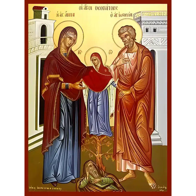 Εικόνα Ορθοδοξίας με περίγραμμα χρυσό σε ξύλο Φλαμουρίας  με  βάση Εικόνα ΑΓΙΟΙ ΘΕΟΠΑΤΟΡΕΣ, ΑΝΝΑ ΚΑΙ ΙΩΑΚΕΙΜ, ΜΕ ΠΑΝΑΓΙΑ, ΟΛΟΣΩΜΟΙ Χειροποίητη Ελληνορθόδοξη εικόνα του Ιησού Χριστού, Κρεμαστή πλάκα βυζαντινής τέχνης, χριστιανική τέχνη Διάσταση 40x30 cm (1