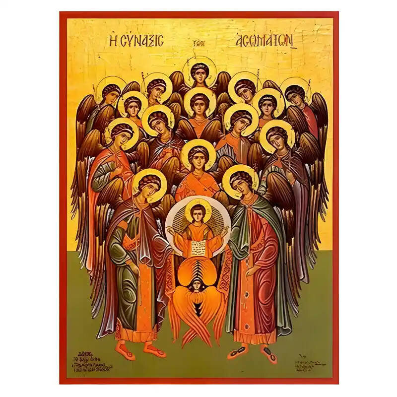 Σετ των 2 Εικόνα Ορθοδοξίας με περίγραμμα χρυσό σε ξύλο Φλαμουρίας  με  βάση Εικόνα Σύναξη  Αρχαγγέλων, Ασωμάτων Χειροποίητη Ελληνορθόδοξη , Κρεμαστή πλάκα βυζαντινής τέχνης, χριστιανική τέχνη Διάσταση 10x7 cm (3,9 x 2,8 ίντσες) INTRAEK-670937