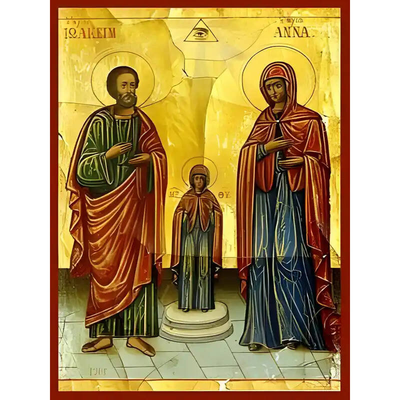 Εικόνα Ορθοδοξίας με περίγραμμα χρυσό σε ξύλο Φλαμουρίας  με  βάση Εικόνα ΑΓΙΟΙ ΙΩΑΚΕΙΜ ΚΑΙ ΑΝΝΑ, ΘΕΟΠΑΤΟΡΕΣ, ΜΕ ΠΑΝΑΓΙΑ, ΟΛΟΣΩΜΟΙ Χειροποίητη Ελληνορθόδοξη εικόνα του Ιησού Χριστού, Κρεμαστή πλάκα βυζαντινής τέχνης, χριστιανική τέχνη Διάσταση 40x30 cm (1