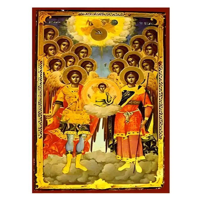 Σετ των 2 Εικόνα Ορθοδοξίας με περίγραμμα χρυσό σε ξύλο Φλαμουρίας  με  βάση Εικόνα Σύναξη  Ταξιαρχών Χειροποίητη Ελληνορθόδοξη , Κρεμαστή πλάκα βυζαντινής τέχνης, χριστιανική τέχνη Διάσταση 10x7 cm (3,9 x 2,8 ίντσες) INTRAEK-670936