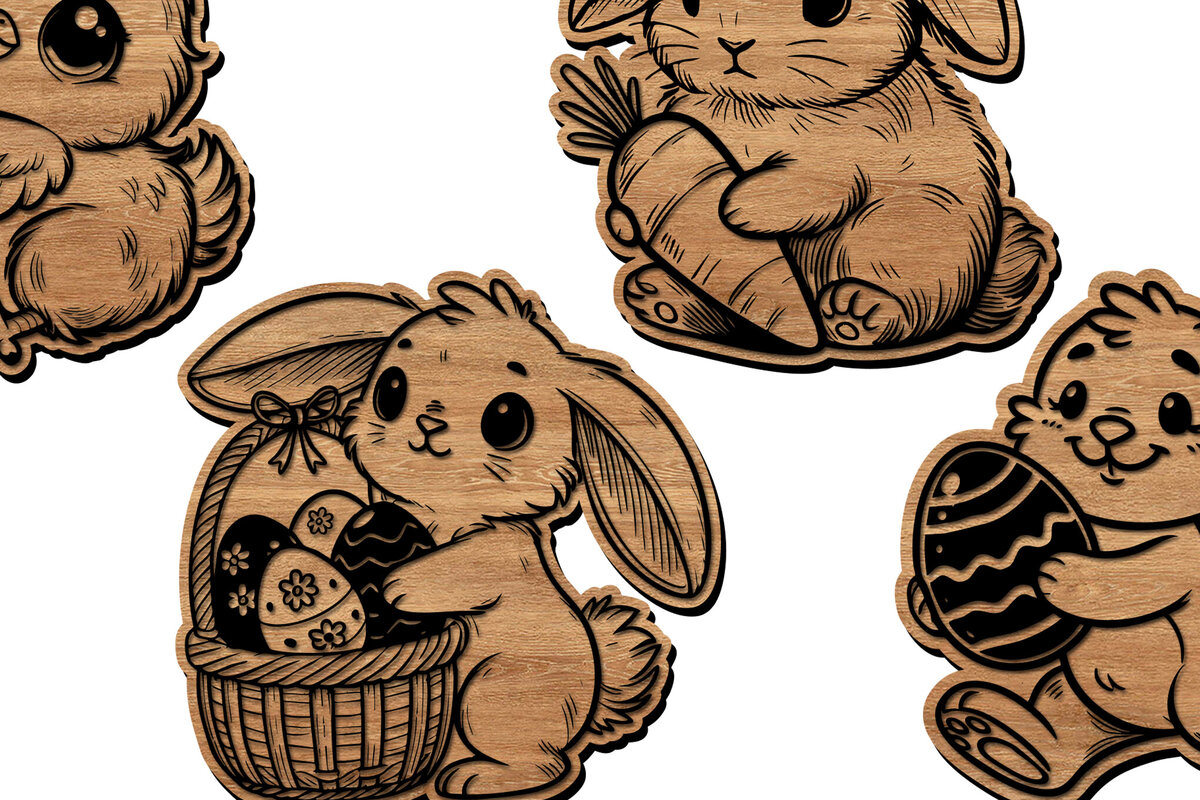 Σετ των 3 Intra απο ξύλο plywood 3mm-4mm πάχος - Πακέτο κοπής με λέιζερ Easter Bunny & Chick Δίασταση 6x6 cm INTRAFABR-112682039