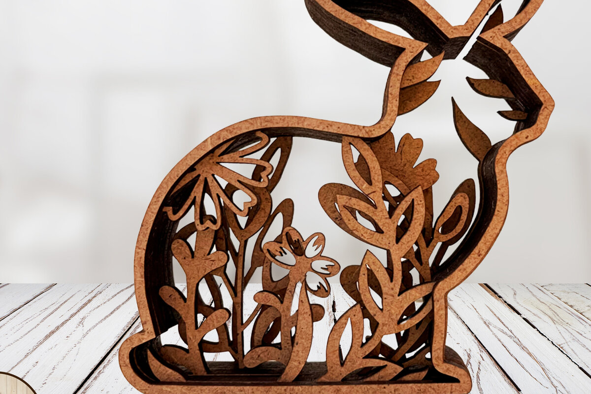 Σετ των 3 Intra απο ξύλο plywood 3mm-4mm πάχος - Πασχαλινή διακόσμηση λαγουδάκι με λουλουδάτο σχέδιο Δίασταση 7x8 cm INTRAFABR-115530351