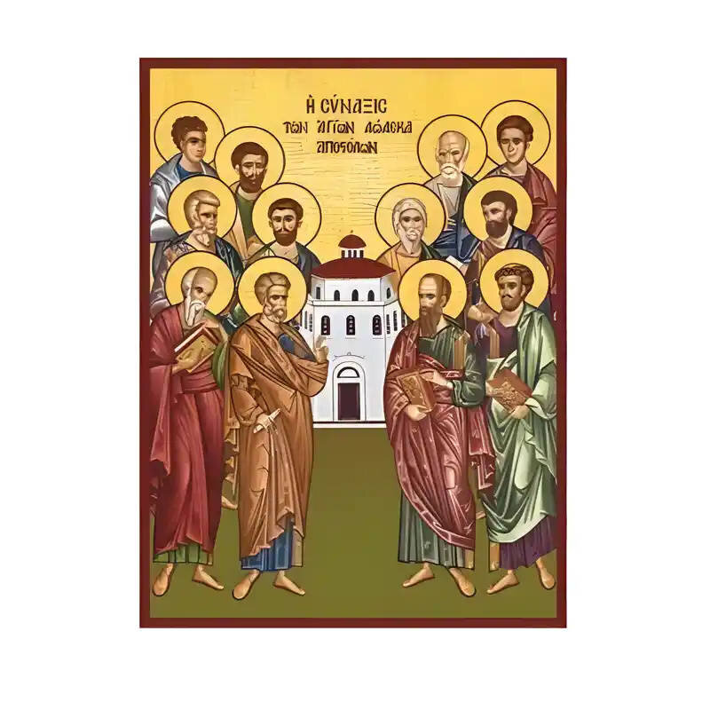 Σετ των 2 Εικόνα Ορθοδοξίας με περίγραμμα χρυσό σε ξύλο Φλαμουρίας  με  βάση Εικόνα Σύναξη Αγίων δώδεκα Αποστόλων Χειροποίητη Ελληνορθόδοξη , Κρεμαστή πλάκα βυζαντινής τέχνης, χριστιανική τέχνη Διάσταση 10x7 cm (3,9 x 2,8 ίντσες) INTRAEK-670934