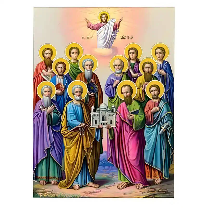 Σετ των 2 Εικόνα Ορθοδοξίας με περίγραμμα χρυσό σε ξύλο Φλαμουρίας  με  βάση Εικόνα Σύναξη Αγίων δώδεκα Αποστόλων Χειροποίητη Ελληνορθόδοξη , Κρεμαστή πλάκα βυζαντινής τέχνης, χριστιανική τέχνη Διάσταση 10x7 cm (3,9 x 2,8 ίντσες) INTRAEK-670933