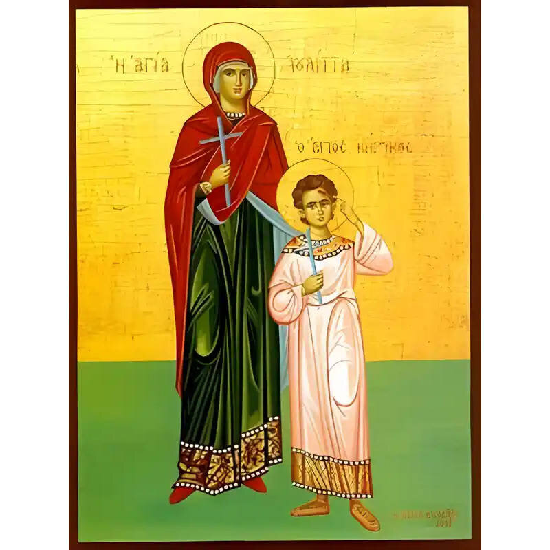 Εικόνα Ορθοδοξίας με περίγραμμα χρυσό σε ξύλο Φλαμουρίας  με  βάση Εικόνα ΑΓΙΟΙ ΚΗΡΥΚΟΣ ΚΑΙ Η ΜΗΤΗΡ ΤΟΥ ΙΟΥΛΙΤΤΑ, ΕΚ ΤΑΡΣΟΥΣ, ΟΛΟΣΩΜΟΙ Χειροποίητη Ελληνορθόδοξη εικόνα του Ιησού Χριστού, Κρεμαστή πλάκα βυζαντινής τέχνης, χριστιανική τέχνη Διάσταση 40x30 c