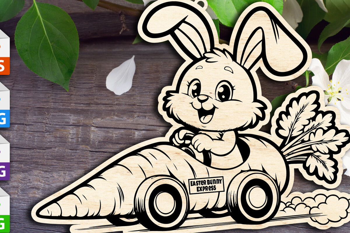 Σετ των 3 Intra απο ξύλο plywood 3mm-4mm πάχος - Πασχαλινό Bunny Express Carrot Car Δίασταση 4x4 cm INTRAFABR-93421074