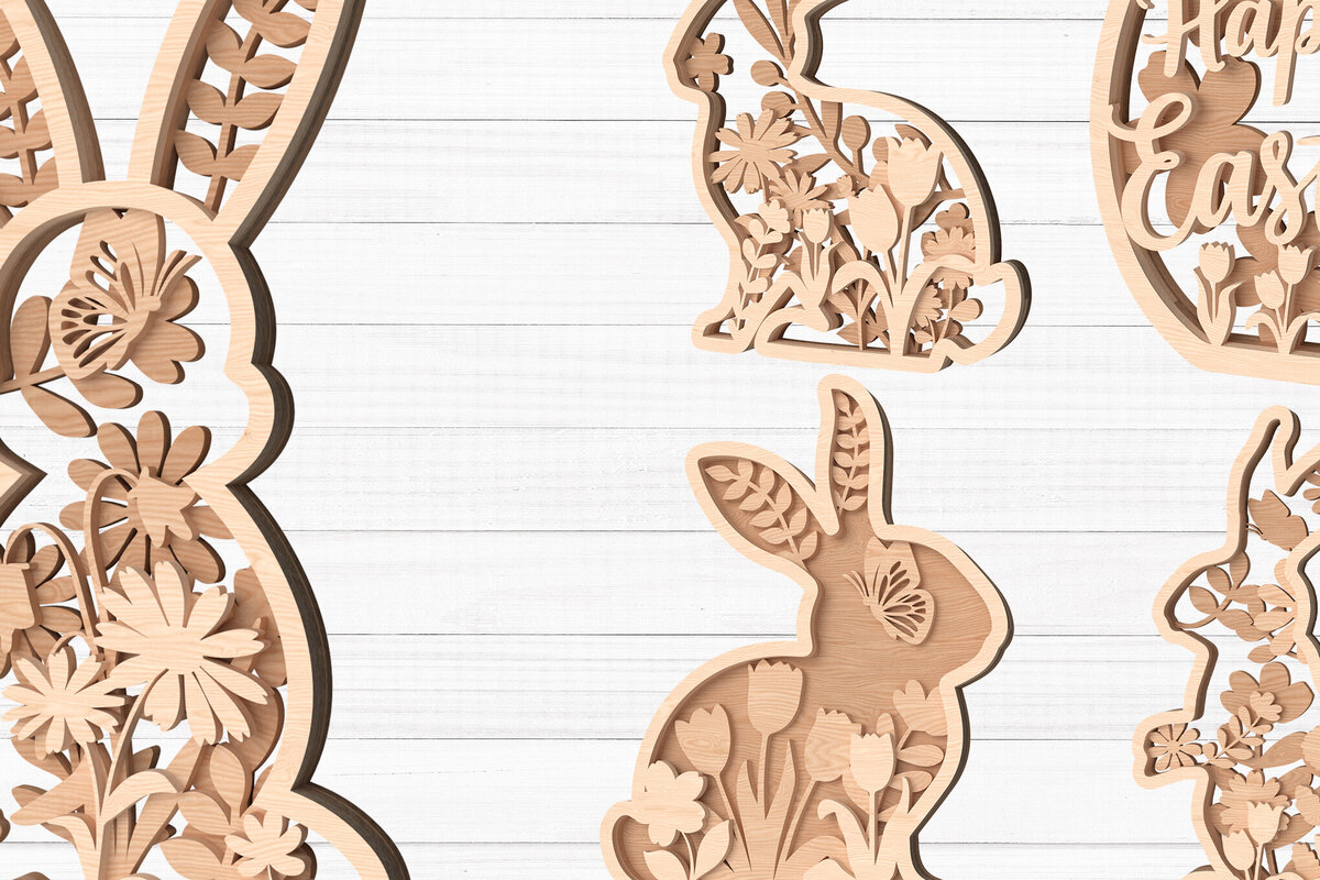 Intra απο ξύλο plywood 3mm-4mm πάχος - Πασχαλινό λαγουδάκι Floral Laser Cut Bundle Δίασταση 30x20 cm INTRAFABR-113692344