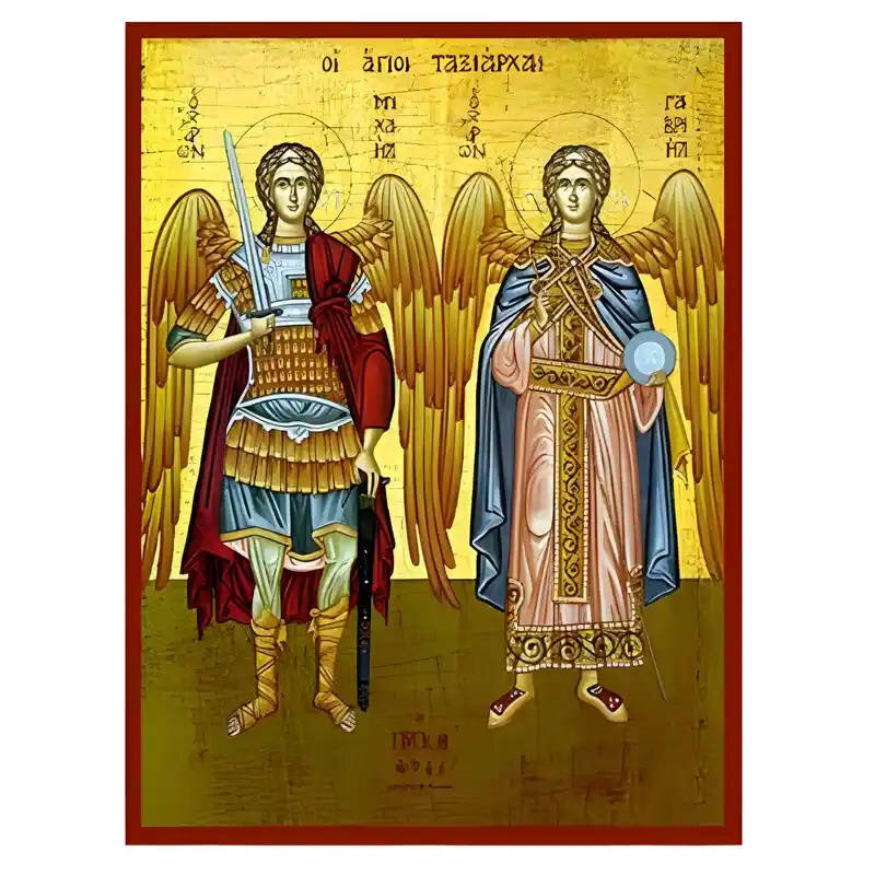 Σετ των 2 Εικόνα Ορθοδοξίας με περίγραμμα χρυσό σε ξύλο Φλαμουρίας  με  βάση Εικόνα Σύναξη Αρχαγγέλων Μιχαήλ και Γαβριήλ Χειροποίητη Ελληνορθόδοξη , Κρεμαστή πλάκα βυζαντινής τέχνης, χριστιανική τέχνη Διάσταση 10x7 cm (3,9 x 2,8 ίντσες) INTRAEK-670932