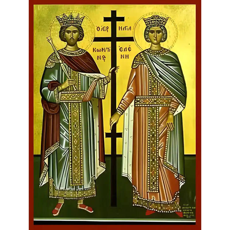 Εικόνα Ορθοδοξίας με περίγραμμα χρυσό σε ξύλο Φλαμουρίας  με  βάση Εικόνα ΑΓΙΟΙ ΚΩΝΣΤΑΝΤΙΝΟΣ ΚΑΙ ΕΛΕΝΗ, ΟΛΟΣΩΜΟΙ Χειροποίητη Ελληνορθόδοξη εικόνα του Ιησού Χριστού, Κρεμαστή πλάκα βυζαντινής τέχνης, χριστιανική τέχνη Διάσταση 40x30 cm (10,2x7,9 ίντσες)  I