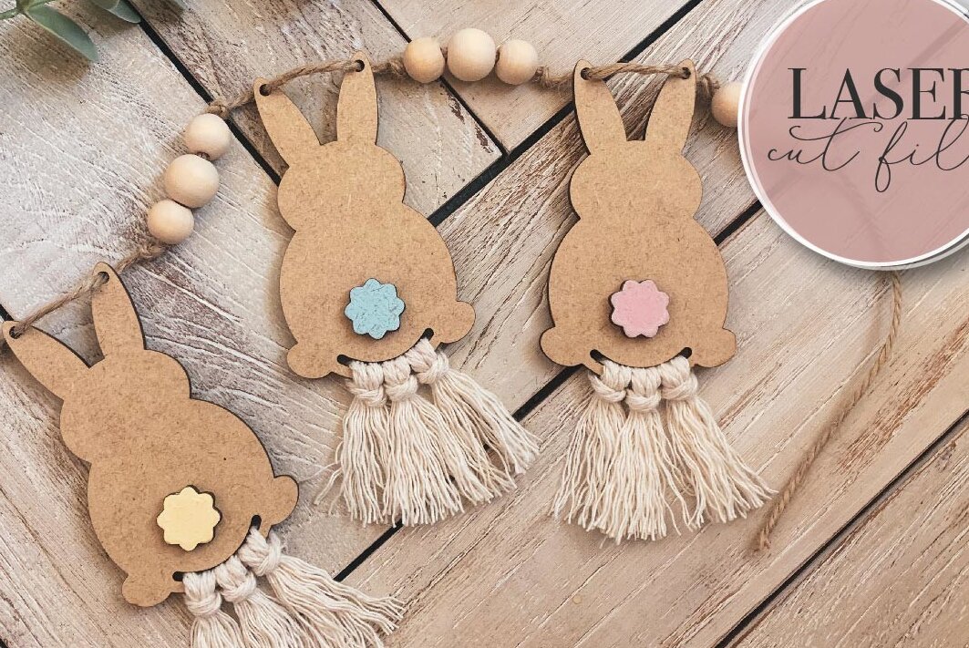 Σετ των 3 Intra απο ξύλο plywood 3mm-4mm πάχος - Πασχαλινό λαγουδάκι Macrame Garland  Δίασταση 4x4 cm INTRAFABR-72641831