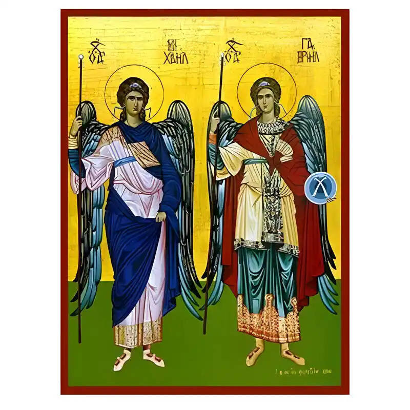 Σετ των 2 Εικόνα Ορθοδοξίας με περίγραμμα χρυσό σε ξύλο Φλαμουρίας  με  βάση Εικόνα Σύναξη Αρχαγγέλων Μιχαήλ και Γαβριήλ Χειροποίητη Ελληνορθόδοξη , Κρεμαστή πλάκα βυζαντινής τέχνης, χριστιανική τέχνη Διάσταση 10x7 cm (3,9 x 2,8 ίντσες) INTRAEK-670930