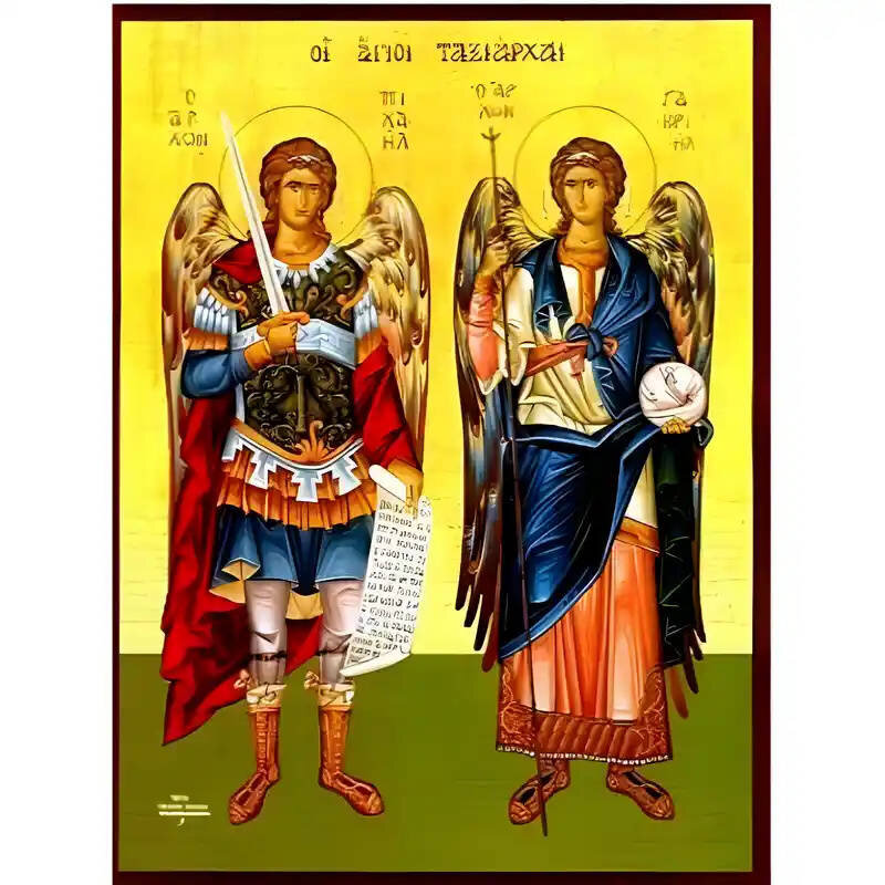 Σετ των 2 Εικόνα Ορθοδοξίας με περίγραμμα χρυσό σε ξύλο Φλαμουρίας  με  βάση Εικόνα Σύναξη Αρχαγγέλων Μιχαήλ και Γαβριήλ Χειροποίητη Ελληνορθόδοξη , Κρεμαστή πλάκα βυζαντινής τέχνης, χριστιανική τέχνη Διάσταση 10x7 cm (3,9 x 2,8 ίντσες) INTRAEK-670929