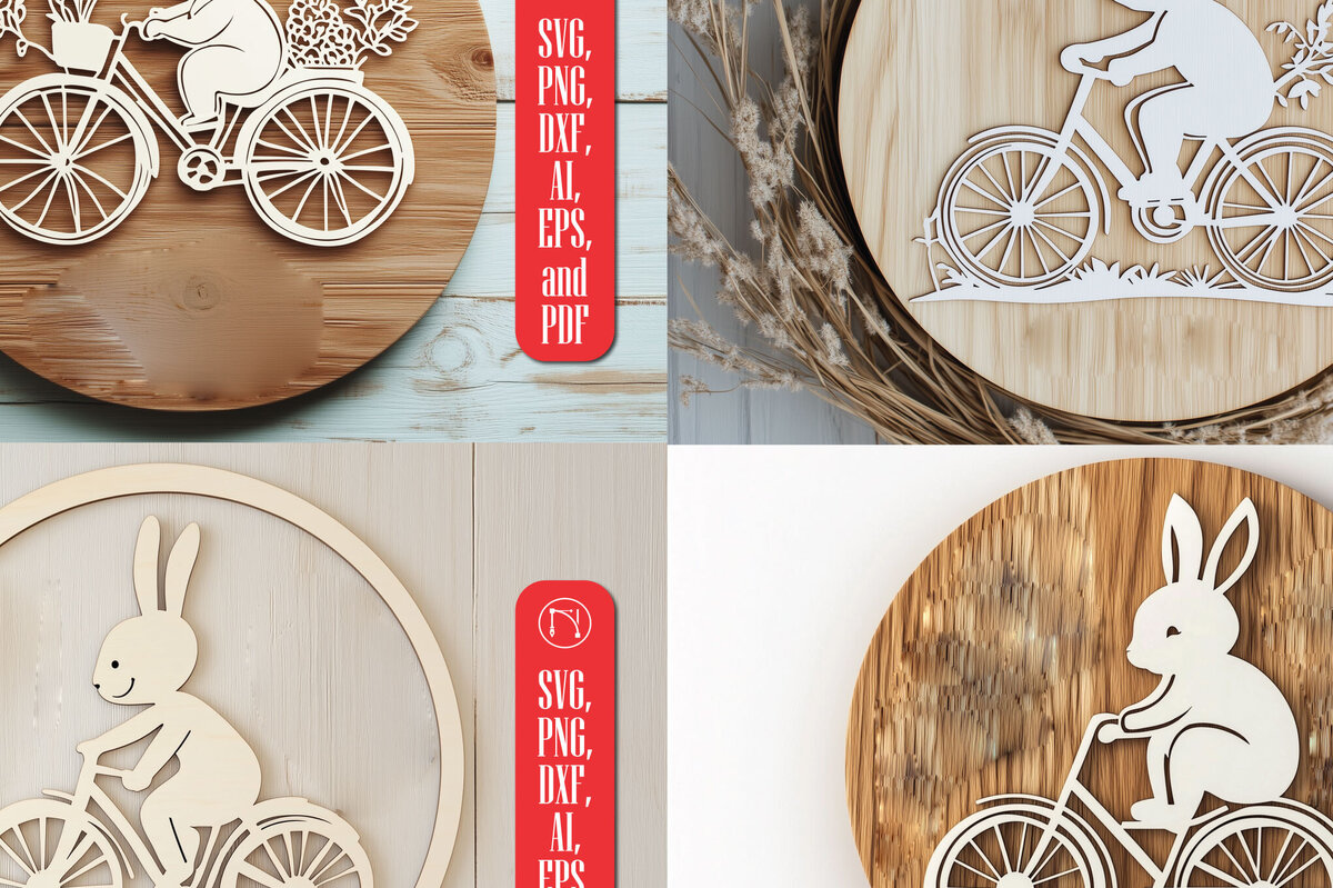 Σετ των 3 Intra απο ξύλο plywood 3mm-4mm πάχος - Πασχαλινό λαγουδάκι σε δέσμη  ποδηλάτου Δίασταση 4x4 cm INTRAFABR-117889034