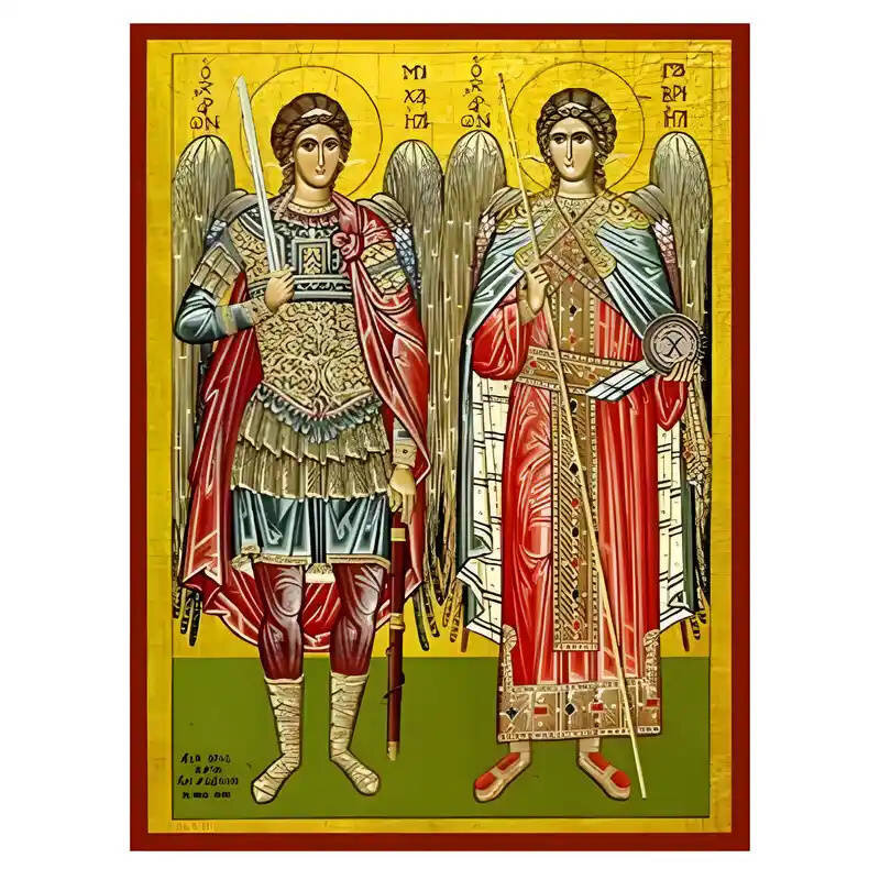 Σετ των 2 Εικόνα Ορθοδοξίας με περίγραμμα χρυσό σε ξύλο Φλαμουρίας  με  βάση Εικόνα Σύναξη Αρχαγγέλων Μιχαήλ και Γαβριήλ Χειροποίητη Ελληνορθόδοξη , Κρεμαστή πλάκα βυζαντινής τέχνης, χριστιανική τέχνη Διάσταση 10x7 cm (3,9 x 2,8 ίντσες) INTRAEK-670928