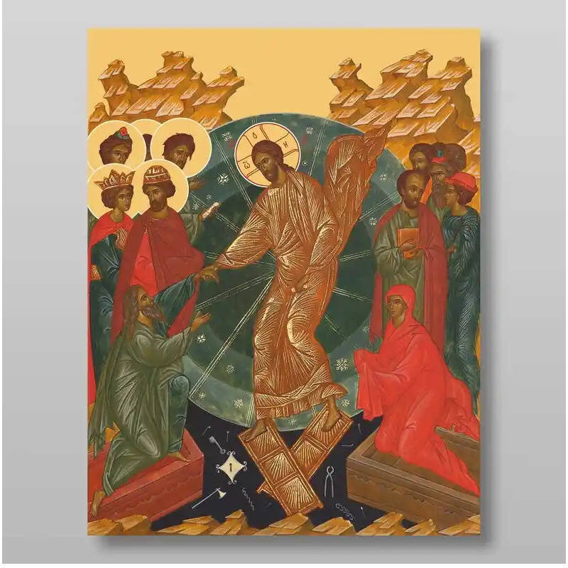 Σετ των 2 Εικόνα Ορθοδοξίας με περίγραμμα χρυσό σε ξύλο Φλαμουρίας  με  βάση Ανάσταση Χριστού. Το Harrowing of Hades Χειροποίητη Ελληνορθόδοξη , Κρεμαστή πλάκα βυζαντινής τέχνης, χριστιανική τέχνη Διάσταση 15x11 cm (5,9 x 4,3 ίντσες) INTRAEK-2955