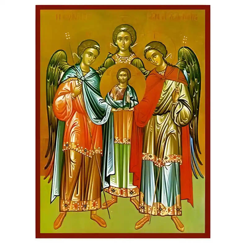 Σετ των 2 Εικόνα Ορθοδοξίας με περίγραμμα χρυσό σε ξύλο Φλαμουρίας  με  βάση Εικόνα Σύναξη Αρχαγγέλων Μιχαήλ, Γαβριήλ και Ραφαήλ Χειροποίητη Ελληνορθόδοξη , Κρεμαστή πλάκα βυζαντινής τέχνης, χριστιανική τέχνη Διάσταση 10x7 cm (3,9 x 2,8 ίντσες) INTRAEK-67