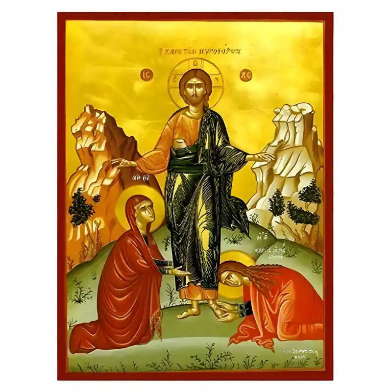 Σετ των 2 Εικόνα Ορθοδοξίας με περίγραμμα χρυσό σε ξύλο Φλαμουρίας  με  βάση Εικόνα Το Χαίρε των Μυροφόρων Χειροποίητη Ελληνορθόδοξη , Κρεμαστή πλάκα βυζαντινής τέχνης, χριστιανική τέχνη Διάσταση 10x7 cm (3,9 x 2,8 ίντσες) INTRAEK-670925