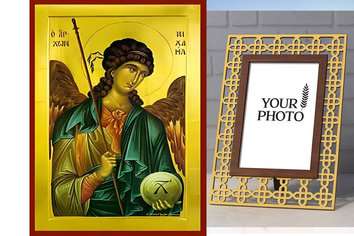 Εικόνα Ορθοδοξίας Πολυτελείας  με  σχεδιο Σταυρούς μαζι με  Βάση σε  8 χρώματα με περίγραμμα χρυσό σε ξύλο Plywood (Πλακάζ)   με  βάση The ΑΡΧΩΝ  ΜΙΧΑΗΛ, Ξύλινη Χειροποίητη Εικόνα Ελληνικού Premium Βυζαντινού Στυλ Κρεμασμένο σε ξύλινη πλάκα Χειροποίητη Ελ