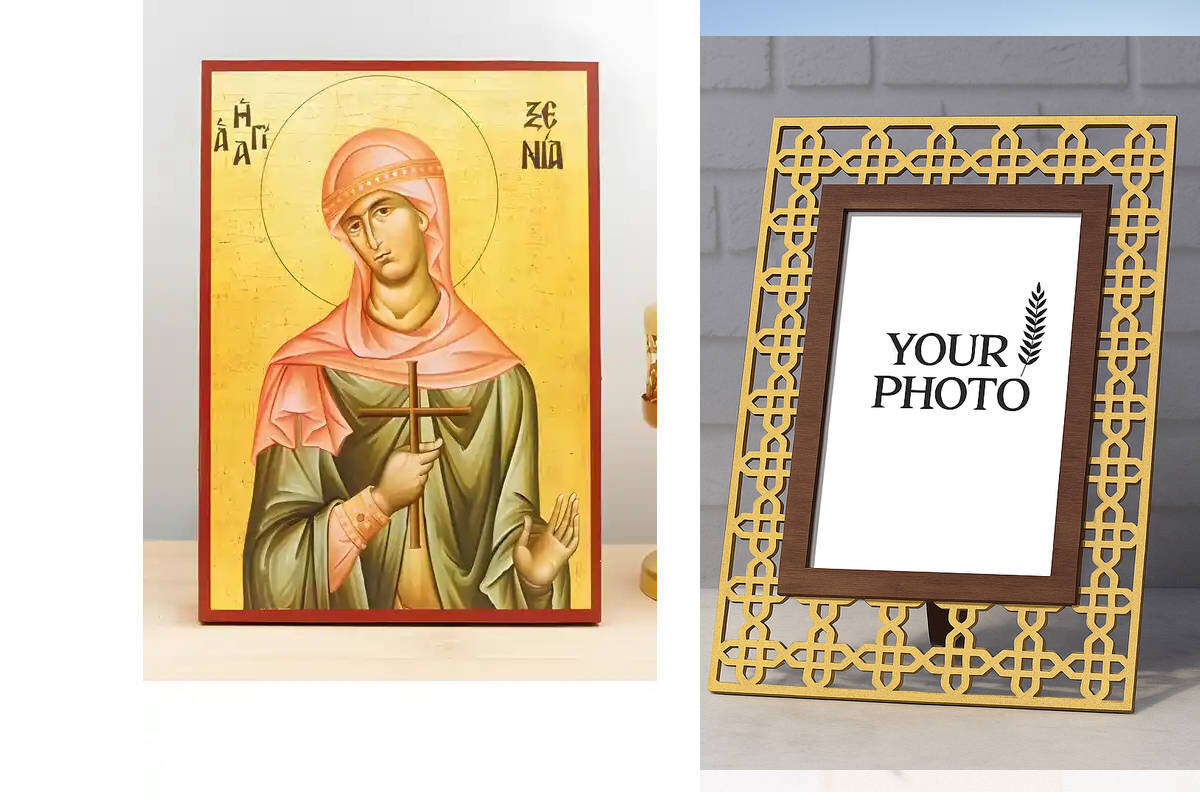 Εικόνα Ορθοδοξίας Πολυτελείας  με  σχεδιο Σταυρούς μαζι με  Βάση σε  8 χρώματα με περίγραμμα χρυσό σε ξύλο Plywood (Πλακάζ)   με  βάση Αγία Ξένια η Μεγαλομάρτυς, Ξύλινη Χειροποίητη Εικόνα Ελληνικής Premium Βυζαντινού Στυλ Κρεμαστή σε ξύλινη πλάκα Θρησκευτ