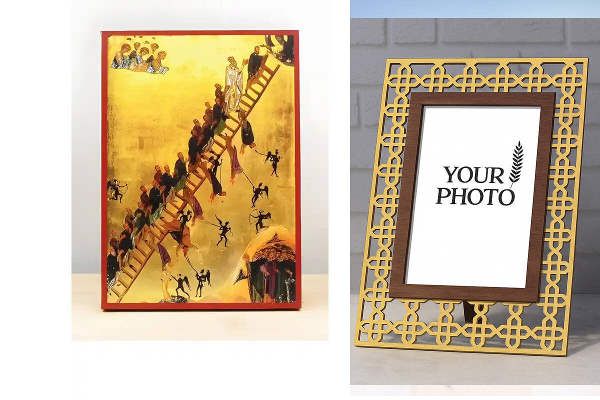 Σετ 2 τεμαχίων – Εικόνα Ορθοδοξίας Πολυτελείας  με  σχεδιο Σταυρούς μαζι με  Βάση σε  8 χρώματα με περίγραμμα χρυσό σε ξύλο Plywood (Πλακάζ)   με  βάση The Ladder of Divine Ascent, Ξύλινη Χειροποίητη Εικόνα Ελληνικού Premium Βυζαντινού Στυλ Κρεμασμένο σε