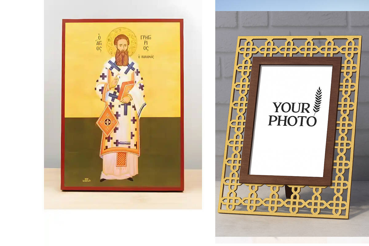 Σετ 2 τεμαχίων – Εικόνα Ορθοδοξίας Πολυτελείας  με  σχεδιο Σταυρούς μαζι με  Βάση σε  8 χρώματα με περίγραμμα χρυσό σε ξύλο Plywood (Πλακάζ)   με  βάση Άγιος Γρηγόριος Παλαμάς Αρχιεπίσκοπος Θεσσαλονίκης, Ξύλινη Χειροποίητη Εικόνα Ελληνικής Κορυφαίας Βυζαν