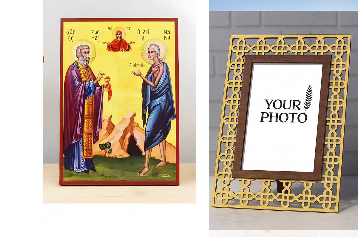 Εικόνα Ορθοδοξίας Πολυτελείας  με  σχεδιο Σταυρούς μαζι με  Βάση σε  8 χρώματα με περίγραμμα χρυσό σε ξύλο Plywood (Πλακάζ)   με  βάση Οι Άγιοι Ζωσιμάς και η Αγία Μαρία της Αιγύπτου με την Παναγία, Ξύλινη Χειροποίητη Εικόνα Ελληνικού Premium Βυζαντινού Στ