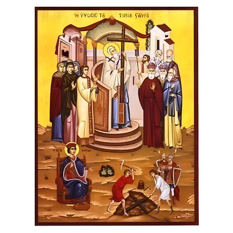 Σετ των 2 Εικόνα Ορθοδοξίας με περίγραμμα χρυσό σε ξύλο Φλαμουρίας  με  βάση Εικόνα Ύψωση και εύρεση του Τιμίου Σταυρού Χειροποίητη Ελληνορθόδοξη , Κρεμαστή πλάκα βυζαντινής τέχνης, χριστιανική τέχνη Διάσταση 10x7 cm (3,9 x 2,8 ίντσες) INTRAEK-670921