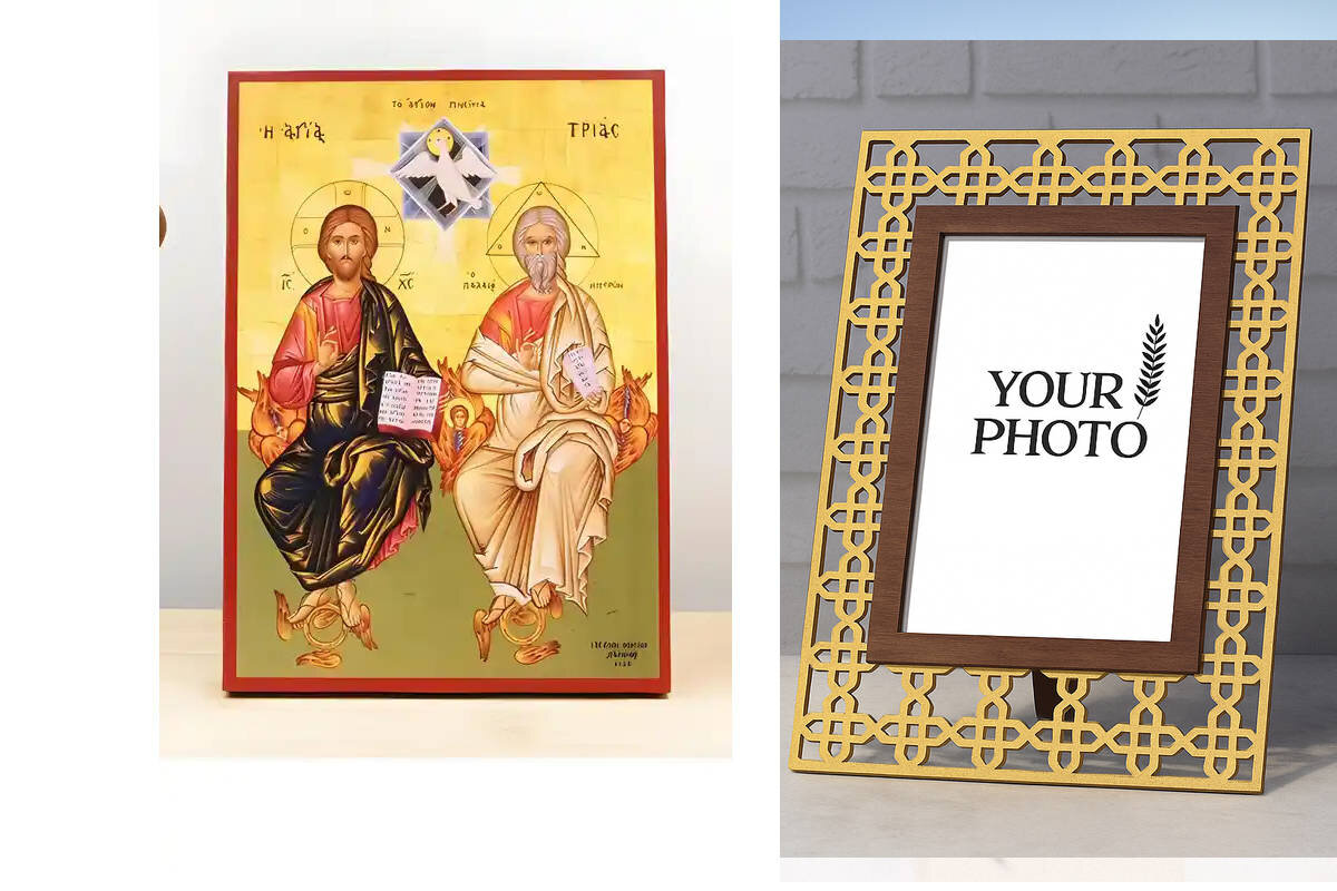 Σετ 2 τεμαχίων – Εικόνα Ορθοδοξίας Πολυτελείας  με  σχεδιο Σταυρούς μαζι με  Βάση σε  8 χρώματα με περίγραμμα χρυσό σε ξύλο Plywood (Πλακάζ)   με  βάση Αγίας Τριάδας Ανθρωπομορφική, Ξύλινη Χειροποίητη Εικόνα Ο τοίχος Ελληνικού Premium Βυζαντινού Στυλ Κρεμ