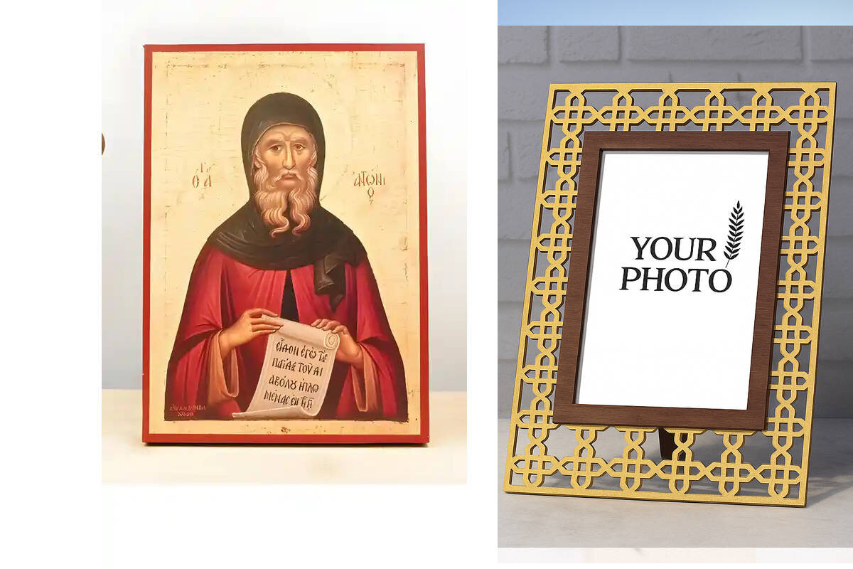 Σετ 2 τεμαχίων – Εικόνα Ορθοδοξίας Πολυτελείας  με  σχεδιο Σταυρούς μαζι με  Βάση σε  8 χρώματα με περίγραμμα χρυσό σε ξύλο Plywood (Πλακάζ)   με  βάση Άγιος Αντώνιος ο Μέγας, Ξύλινη Χειροποίητη Εικόνα Ελληνικής Premium Βυζαντινού Στυλ Κρεμασμένη σε ξύλιν