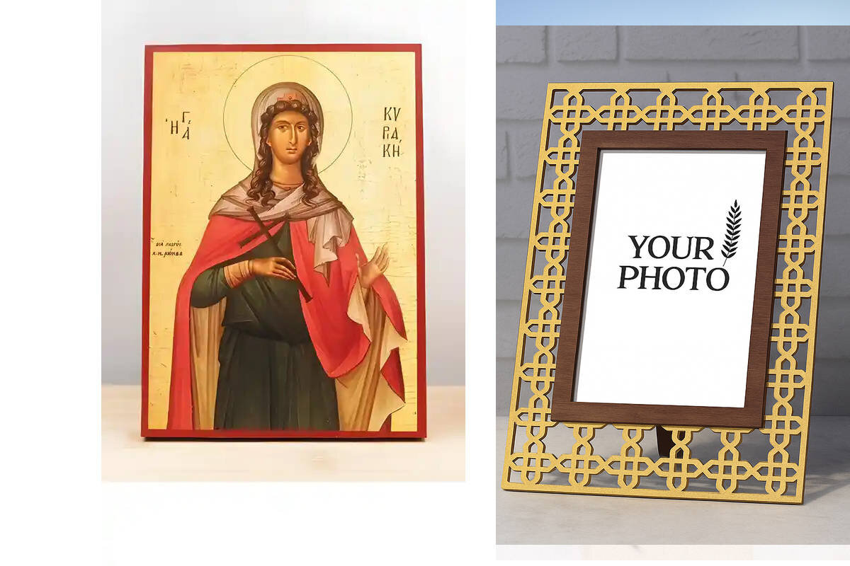 Εικόνα Ορθοδοξίας Πολυτελείας  με  σχεδιο Σταυρούς μαζι με  Βάση σε  8 χρώματα με περίγραμμα χρυσό σε ξύλο Plywood (Πλακάζ)   με  βάση Αγία Κυριακή η Μεγαλομάρτυς, Ξύλινη Χειροποίητη Εικόνα Ελληνικής Premium Βυζαντινής Στυλ Κρεμαστή σε ξύλινη πλάκα Θρησκε