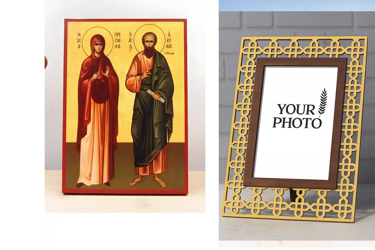 Εικόνα Ορθοδοξίας Πολυτελείας  με  σχεδιο Σταυρούς μαζι με  Βάση σε  8 χρώματα με περίγραμμα χρυσό σε ξύλο Plywood (Πλακάζ)   με  βάση Saints Priscilla and Aquila, Ξύλινη Χειροποίητη Εικόνα Ελληνικού Premium Βυζαντινού Στυλ Κρεμασμένη σε ξύλινη πλάκα Χειρ