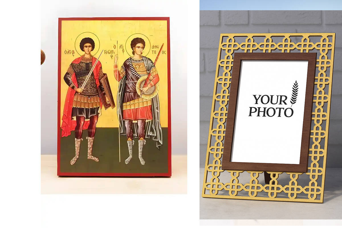 Εικόνα Ορθοδοξίας Πολυτελείας  με  σχεδιο Σταυρούς μαζι με  Βάση σε  8 χρώματα με περίγραμμα χρυσό σε ξύλο Plywood (Πλακάζ)   με  βάση Άγιοι Γεώργιος και Δημήτριος, Ξύλινη Χειροποίητη Εικόνα Ελληνικής Premium Βυζαντινού Στυλ Κρεμασμένη σε ξύλινη πλάκα Χει