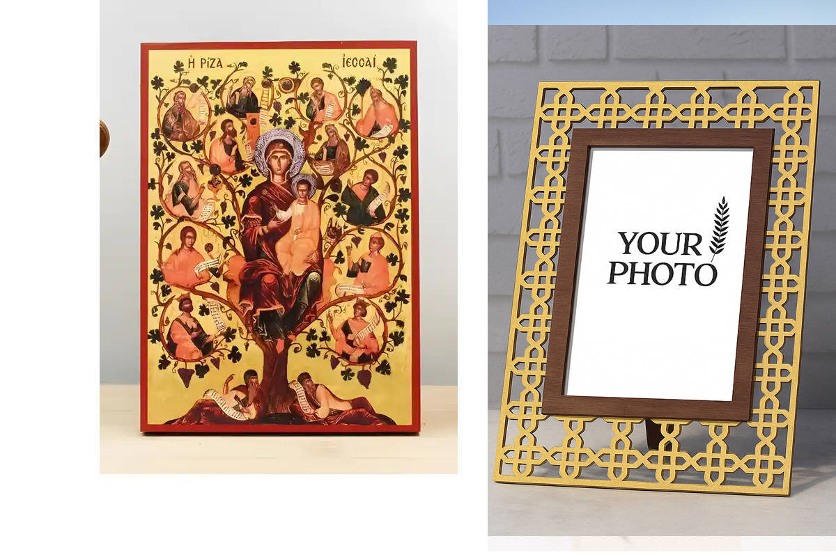 Εικόνα Ορθοδοξίας Πολυτελείας  με  σχεδιο Σταυρούς μαζι με  Βάση σε  8 χρώματα με περίγραμμα χρυσό σε ξύλο Plywood (Πλακάζ)   με  βάση Virgin Mary The Tree of Jesse, Ξύλινη Χειροποίητη Εικόνα Ελληνικού Premium Βυζαντινού Στυλ Κρεμασμένο σε ξύλινη πλάκα Θρ