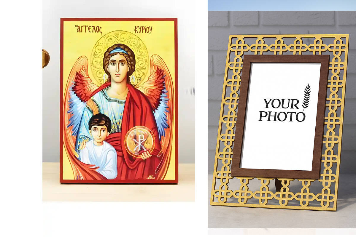 Εικόνα Ορθοδοξίας Πολυτελείας  με  σχεδιο Σταυρούς μαζι με  Βάση σε  8 χρώματα με περίγραμμα χρυσό σε ξύλο Plywood (Πλακάζ)   με  βάση Angel of the Lord Protector of Children, Ξύλινη Χειροποίητη Εικόνα Ελληνικού Premium Βυζαντινού Στυλ Κρεμασμένο σε ξύλιν