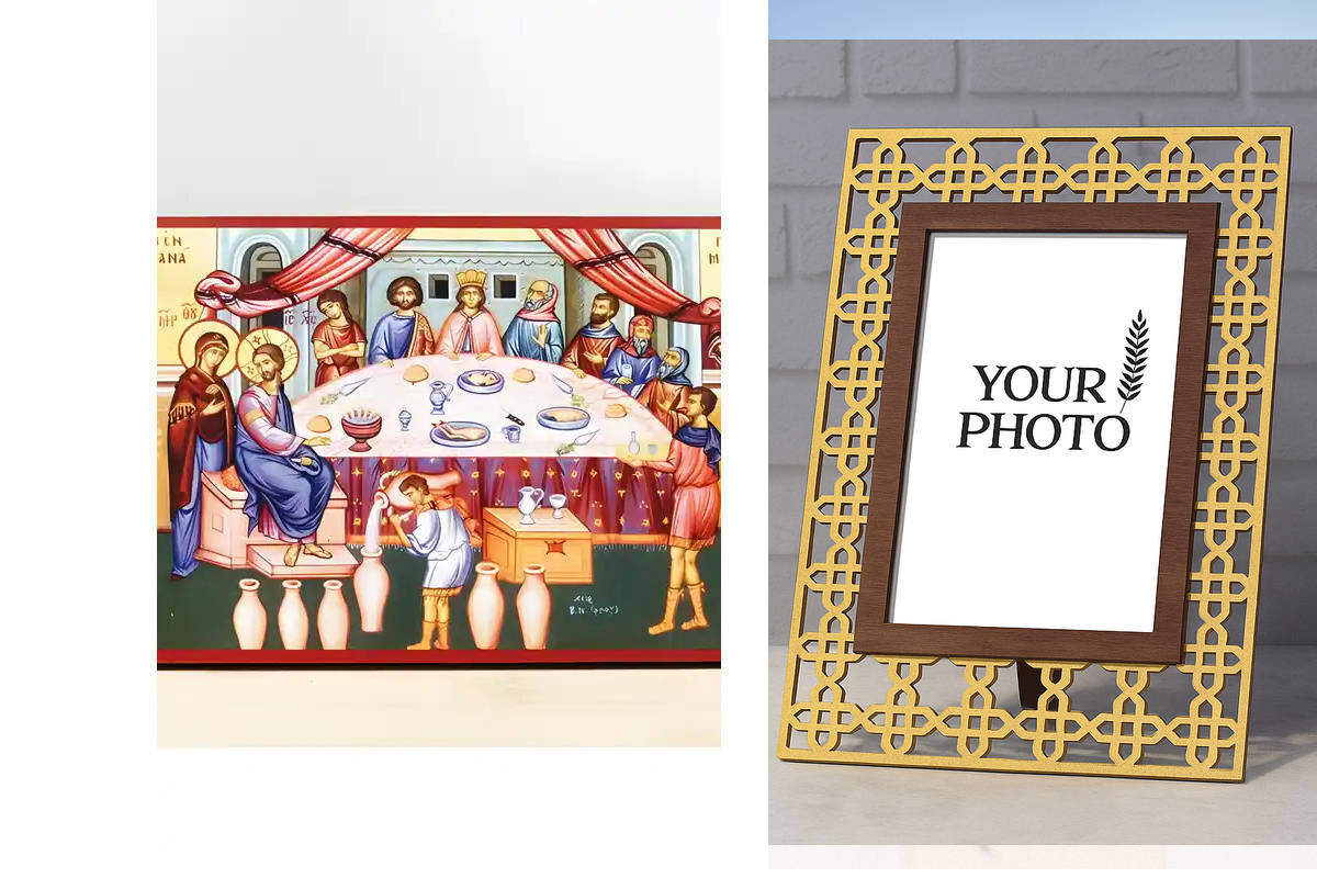 Εικόνα Ορθοδοξίας Πολυτελείας  με  σχεδιο Σταυρούς μαζι με  Βάση σε  8 χρώματα με περίγραμμα χρυσό σε ξύλο Plywood (Πλακάζ)   με  βάση Γάμος Ιησούς Χριστός στην Κανά, Ξύλινη Χειροποίητη Εικόνα Ελληνικού Premium Βυζαντινού Στυλ τοίχου που κρεμιέται σε ξύλι