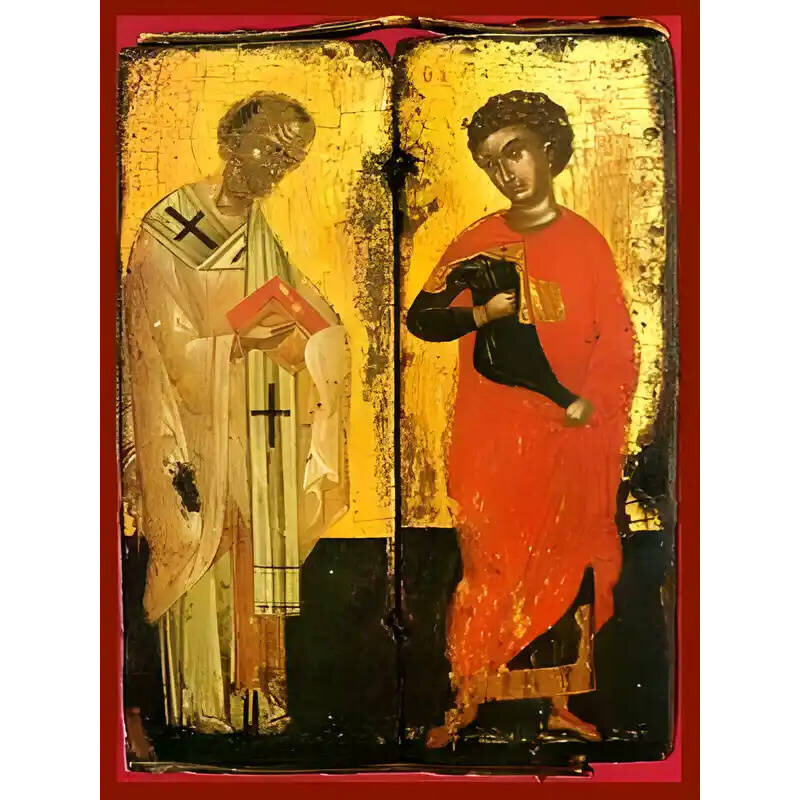 Εικόνα Ορθοδοξίας με περίγραμμα χρυσό σε ξύλο Φλαμουρίας  με  βάση Εικόνα ΑΓΙΟΙ ΝΙΚΟΛΑΟΣ ΚΑΙ ΓΕΩΡΓΙΟΣ, ΟΛΟΣΩΜΟΙ Χειροποίητη Ελληνορθόδοξη εικόνα του Ιησού Χριστού, Κρεμαστή πλάκα βυζαντινής τέχνης, χριστιανική τέχνη Διάσταση 40x30 cm (10,2x7,9 ίντσες)  IN